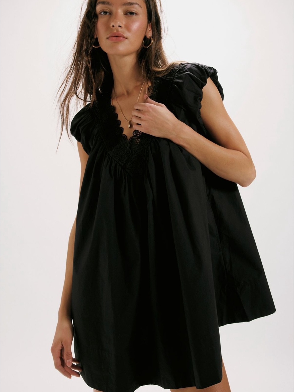 Free People Black Lace-Trim Mini Smock Dress